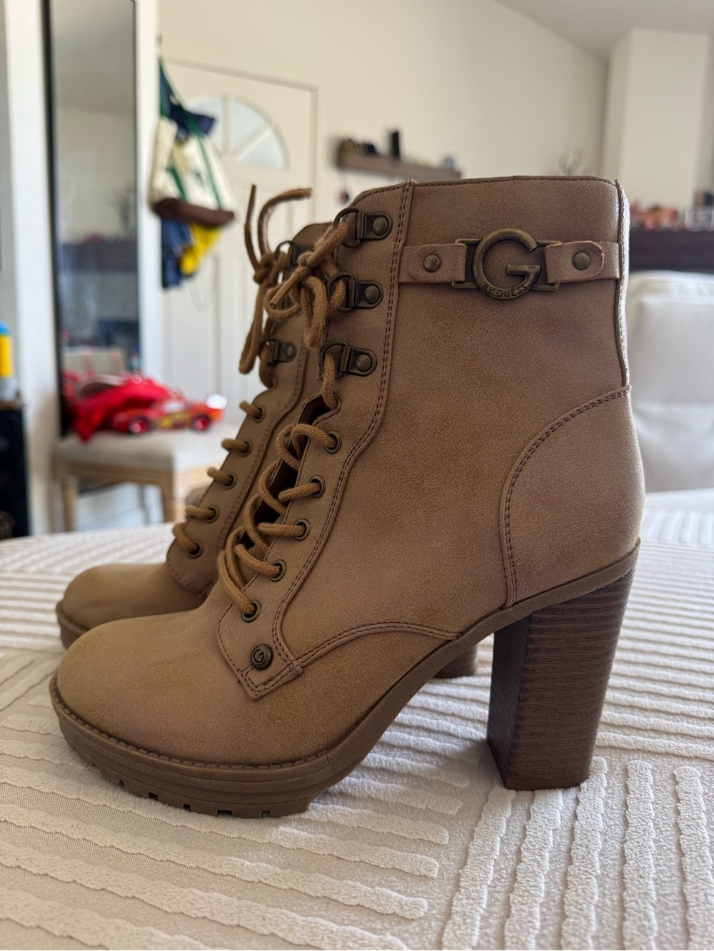 G by Guess Tan Lace Up Chunky Heel Boots Size 7